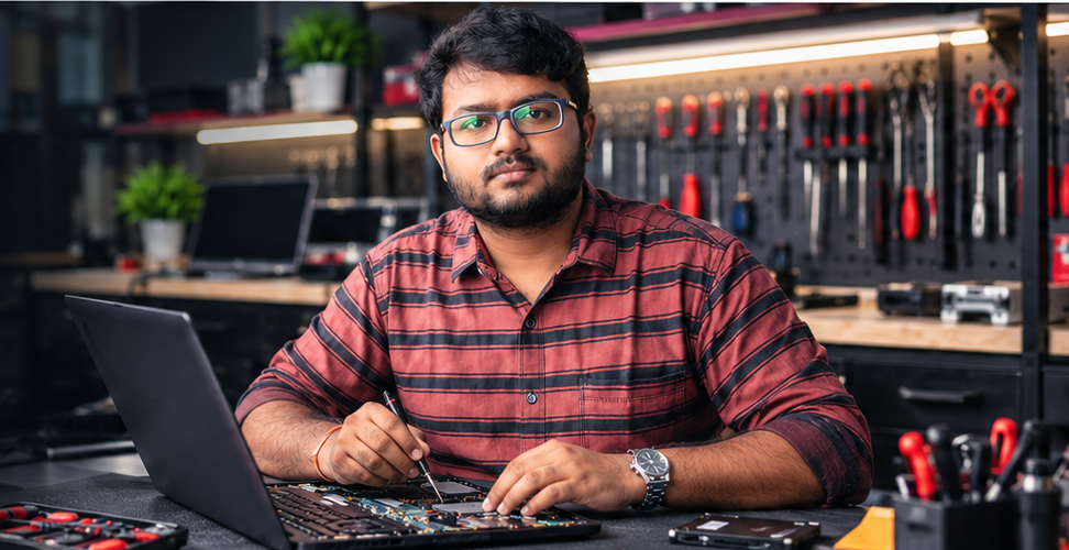 Ranga Infotech technician carefully repairing a laptop at a service bench